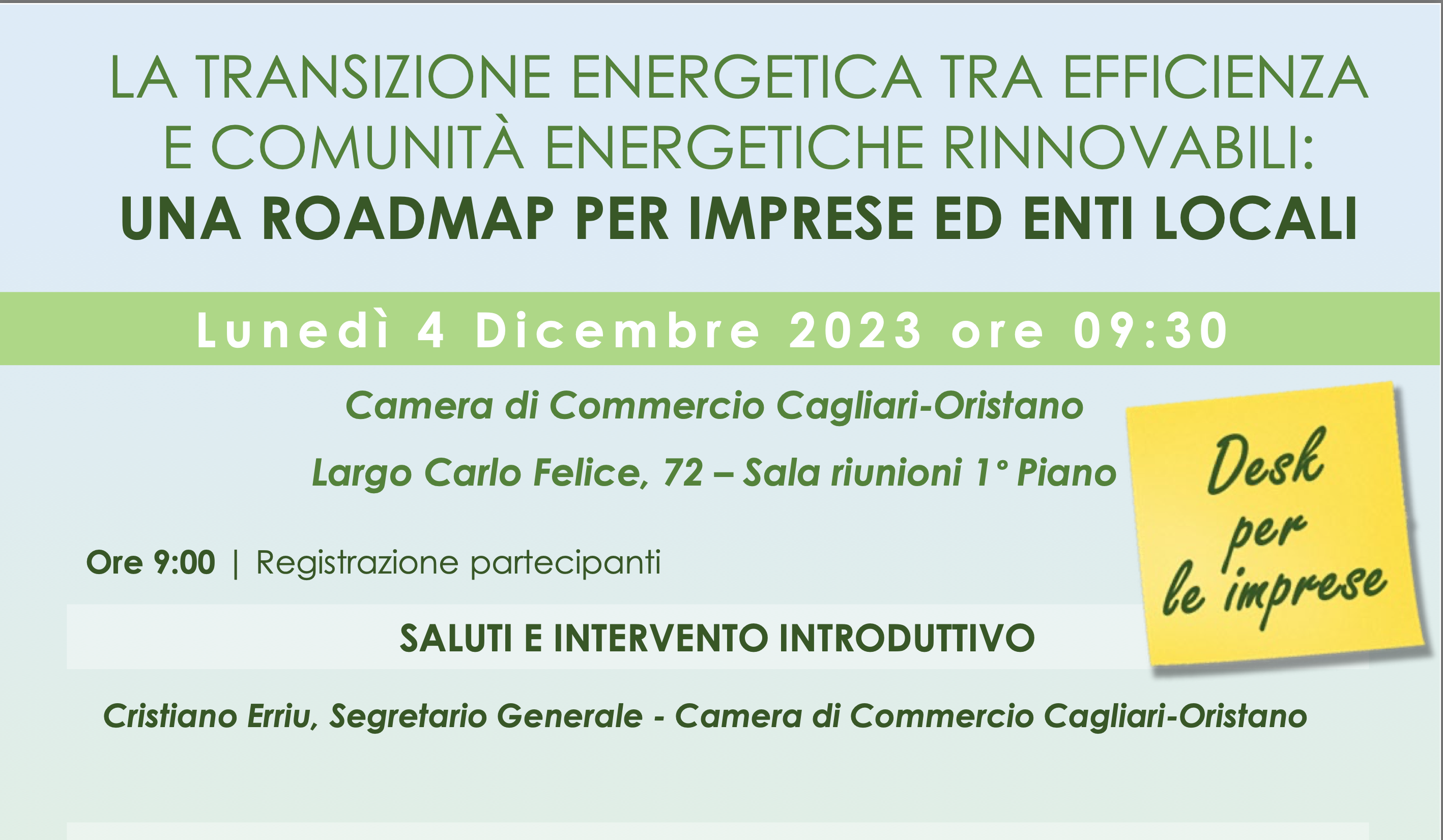 Transizione energetica per le imprese, il 4 dicembre a Cagliari convegno della Camera di Commercio Ca-Or